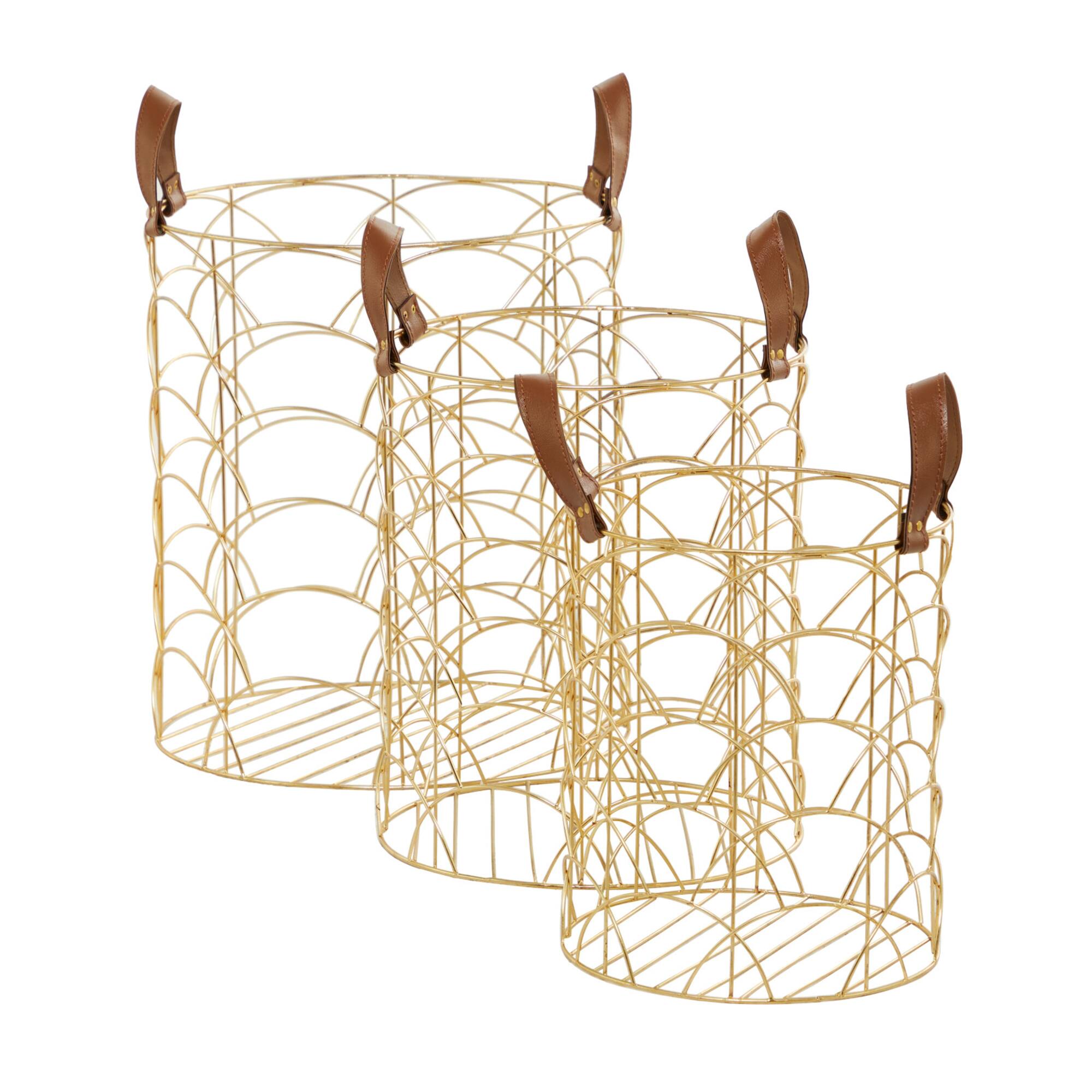CosmoLiving by Cosmopolitan Gold Metal Storage Basket with Faux Leather Handles Set of 3 16", 14", 12"